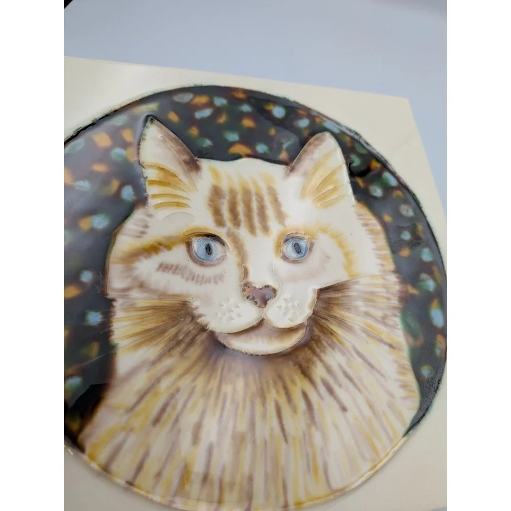 Tile Craft 8x8 Fluffy Cat Ceramic Art Tile Plaque Hanging Wall Decor Stand